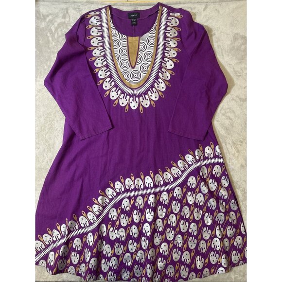 Ashro Women’s XXL Linen Blend Dashiki Tunic Dress Purple Ethnic African Print - Picture 1 of 11